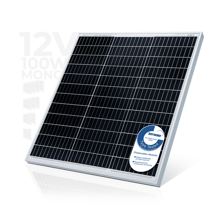 Solpanel monokrystallinsk - 100 W, 18 V til 12 V batterier, solcelle, ladekabel, silicium