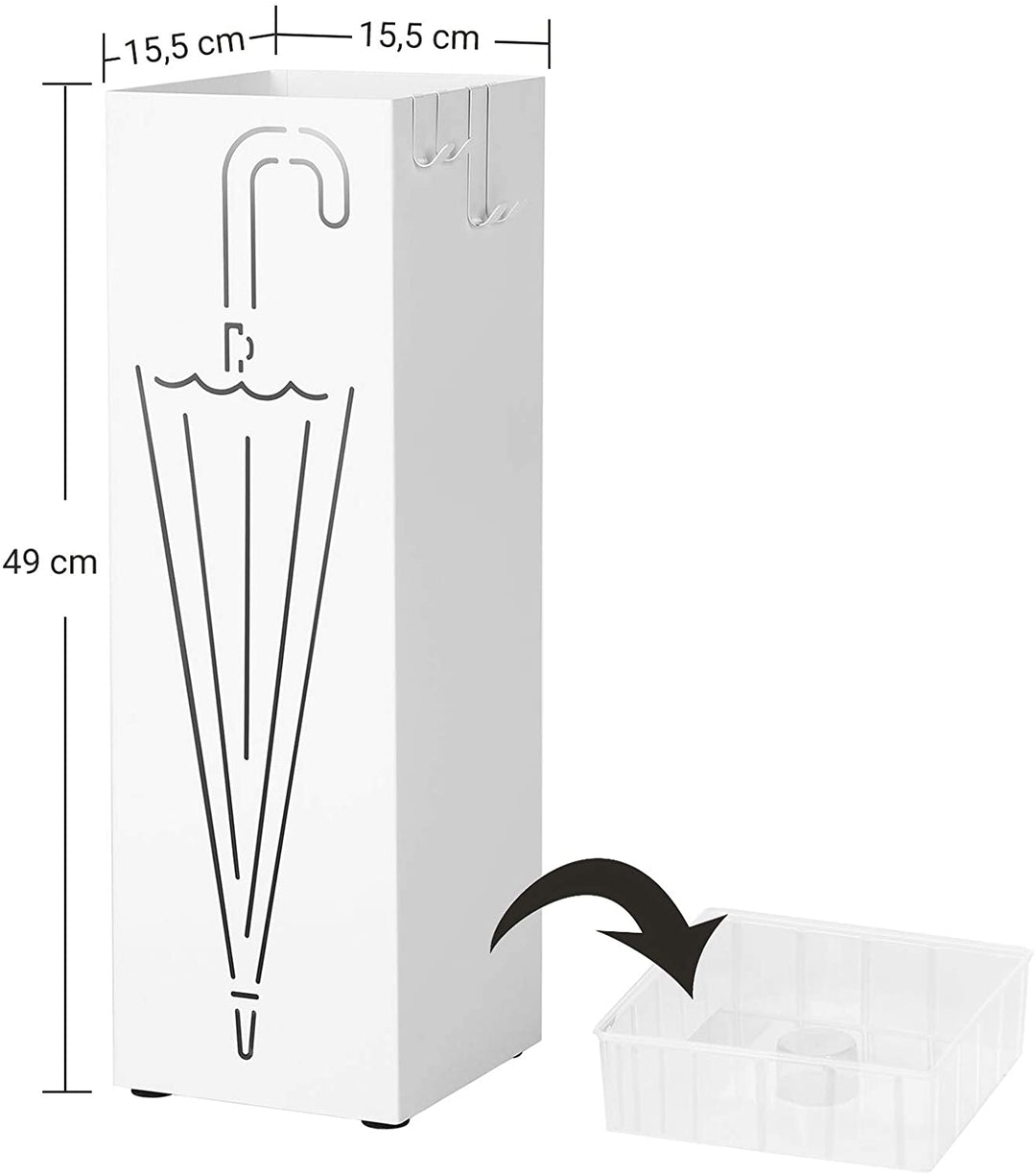 Paraplystativ med kroge og dryppebakke - 49 cm x 15,5 cm firkantet - Lammeuld.dk