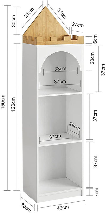 Reol / bogreol til børneværelset, designet som slot, 40 x 30 x 150 cm, hvid