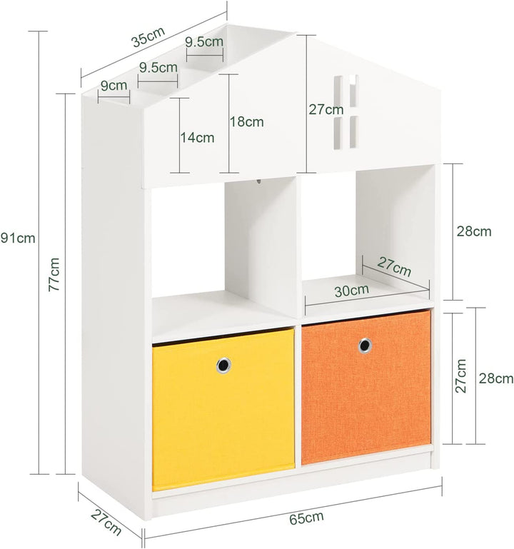 Måling af House Shape Design Toy Shelf Storage med 2 stof skuffer