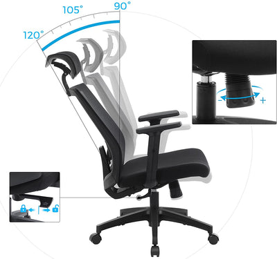 Kontorstol, ergonomisk computerstol, justerbar lændestøtte og nakkestøtte
