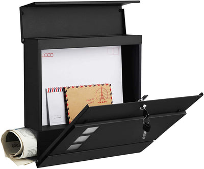 Moderne postkasse, aflåselig vægmonteret postbrevkasse med avisholder, sort