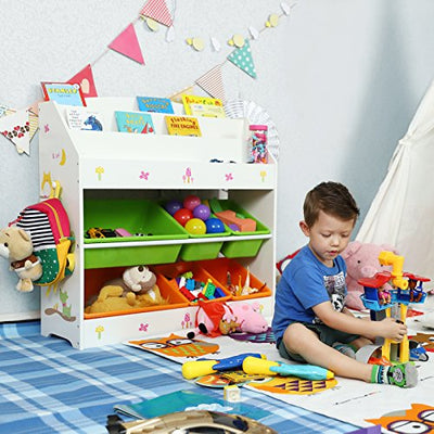 Legetøjs- og bogarrangør til børn, med 3-trins boghylde og 6 aftagelige skraldespander, træopbevaringsenhed - Lammeuld.dk