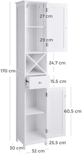 Smalt badeværelsesskab med god højde, 32 x 30 x 170 cm, hvid
