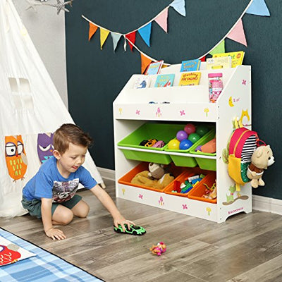 Legetøjs- og bogarrangør til børn, med 3-trins boghylde og 6 aftagelige skraldespander, træopbevaringsenhed - Lammeuld.dk