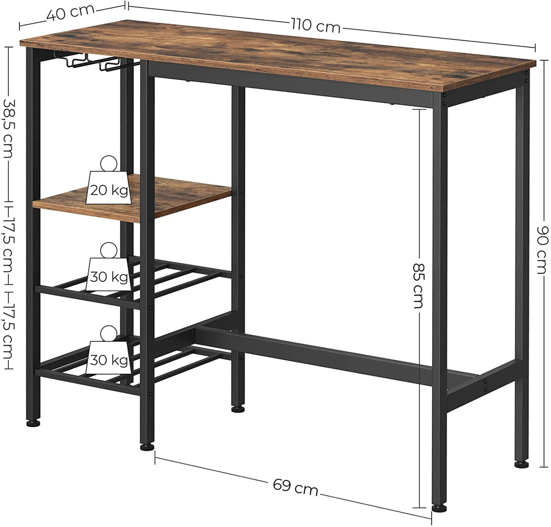 Barbord med hylder i retro-look, 110 x 40 x 90 cm, brun