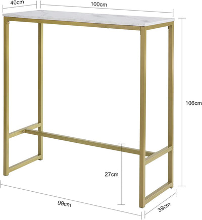 Barbord / arbejdsbord / konsolbord med marmor-lignende bordplade og guldfarvet kant