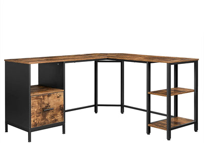 L-formet hjørneskrivebord, 137 x 150 x 75 cm, brun og sort