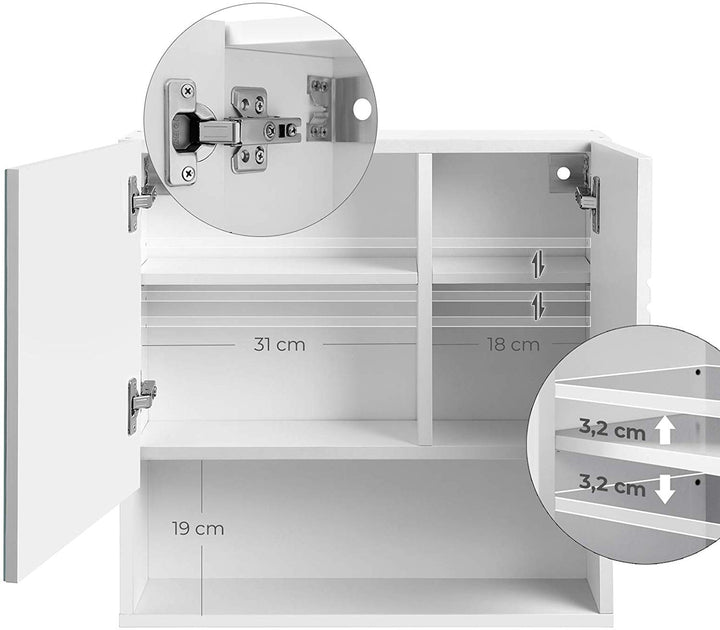 spejlskab til badeværelset, skab, badeværelse kabinet med højdejusterbare hylder, bløde lukkehængsler, badeværelse, 54 x 15 x 55 cm, hvid - Lammeuld.dk