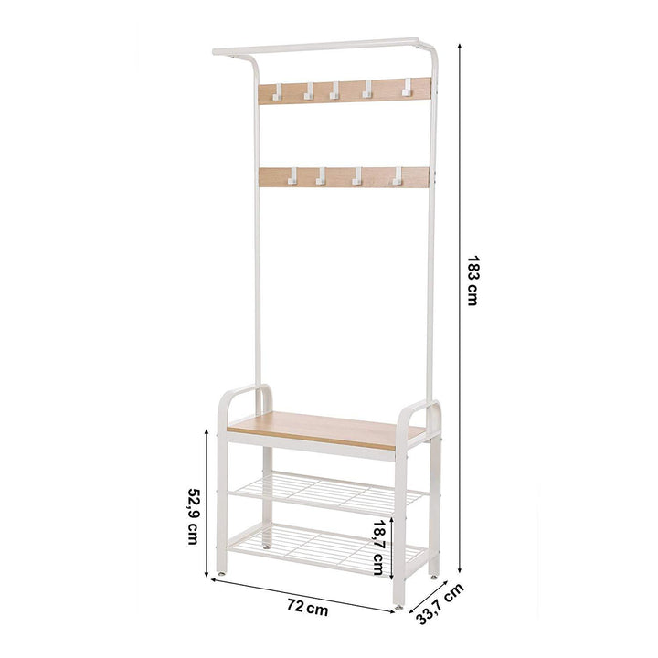 Fuld dimension Mål i cm af det moderne garderobestativ i hvidt metal med lyst træ