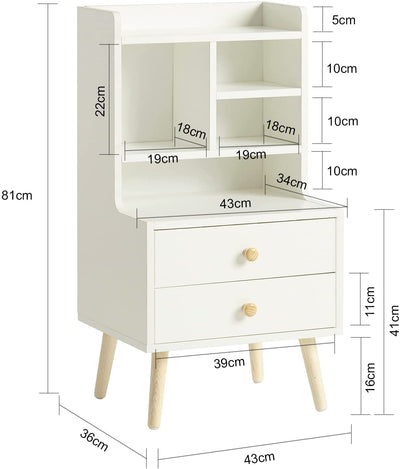 Sengebord/natbord med 2 skuffer og åbne rum, 43 x 81 x 36 cm, hvid