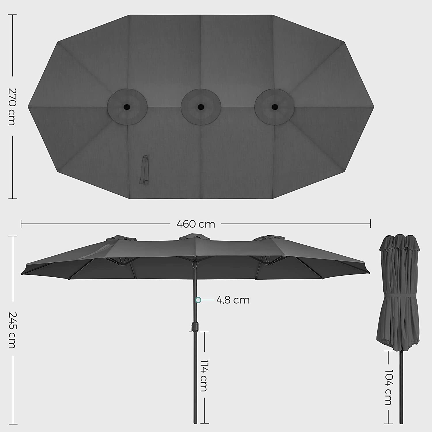 Parasol med ekstra bredde, 460 cm, grå