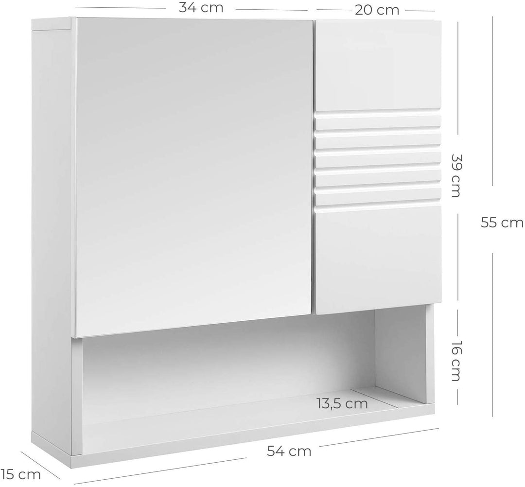 spejlskab til badeværelset, skab, badeværelse kabinet med højdejusterbare hylder, bløde lukkehængsler, badeværelse, 54 x 15 x 55 cm, hvid - Lammeuld.dk