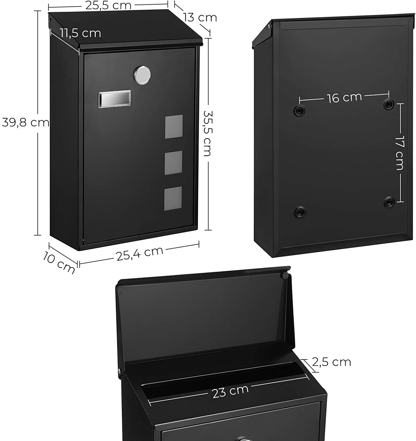 Postkasse, 25,5 x 11,5 x 39,5 cm, sort