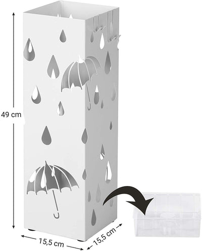 Paraplystativ med kroge og dryppebakke - 49 cm x 15,5 cm firkantet - Lammeuld.dk