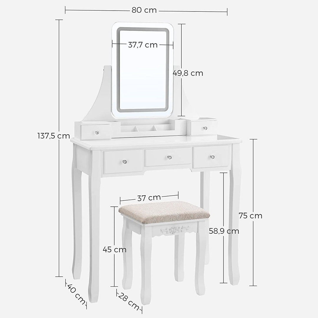 Sminkebord med taburet, 80 x 40 x 138 cm, hvid