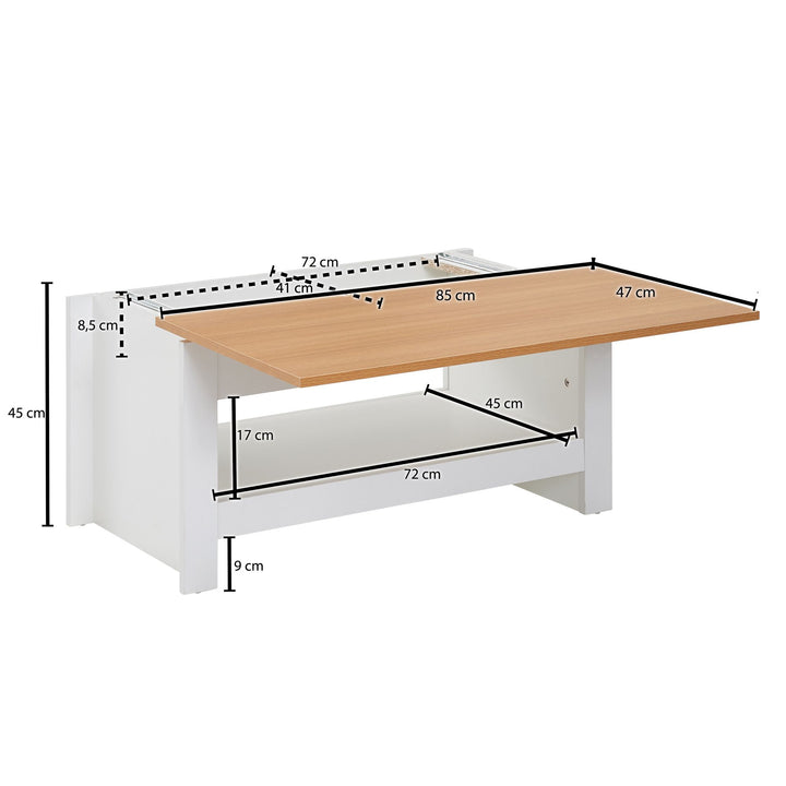 Sofabord i hvid og natur med moderne design, 85 X 47 X 45 cm