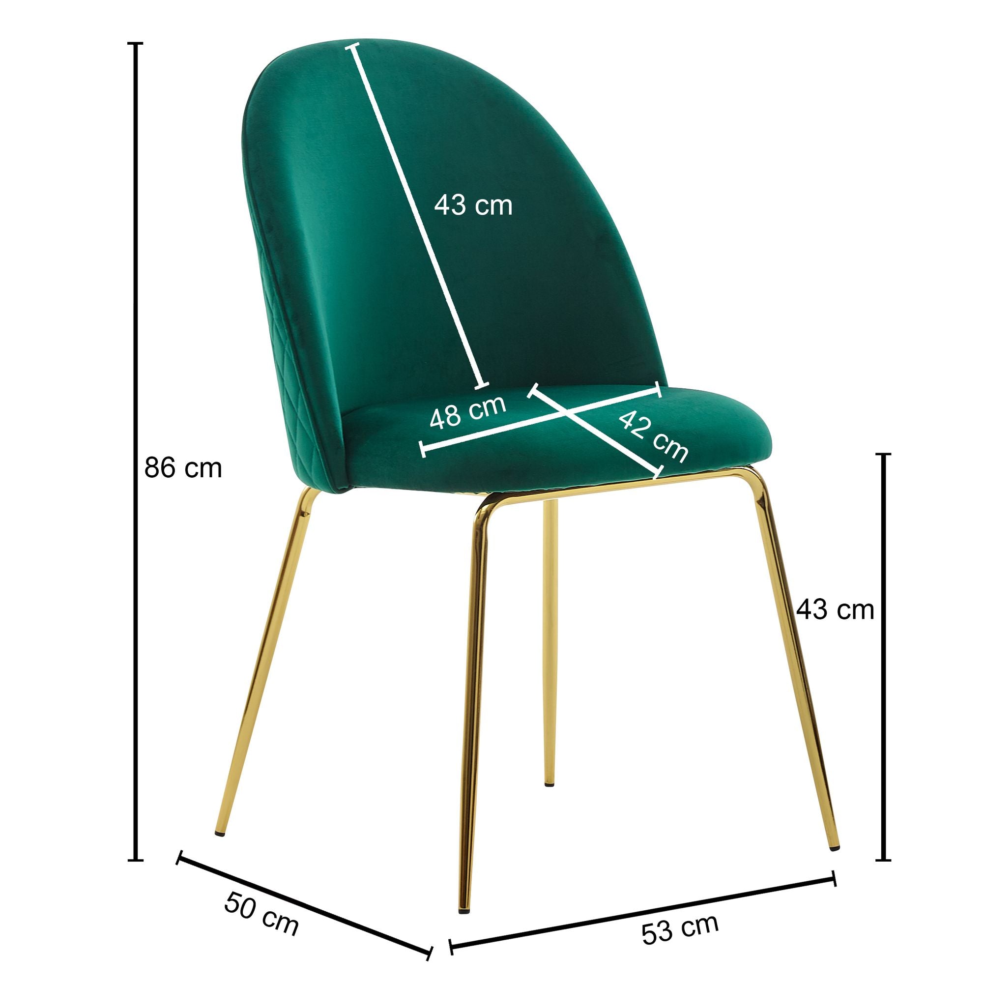 Designer stole, sæt med 2, fløjlsgrøn polstrede med ben i guldfarve