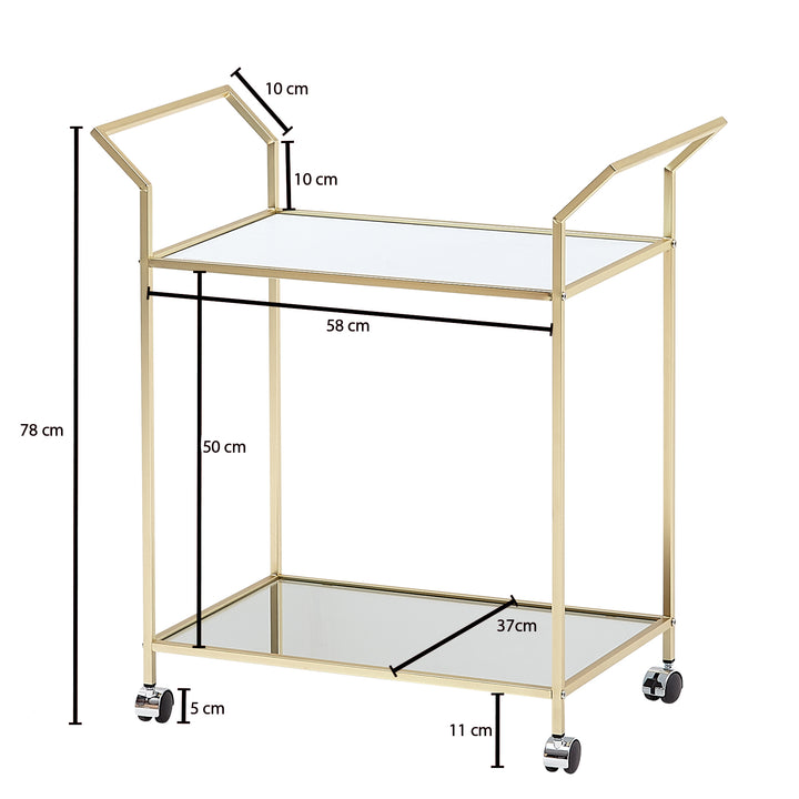 Serveringsvogn i guld med glasplade, 73x78x37 cm