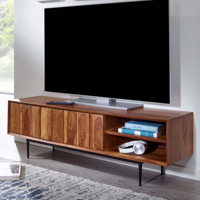 Moderne TV-bord i massivt sheesham-træ med elegant stribemønster, 123x42x35 cm