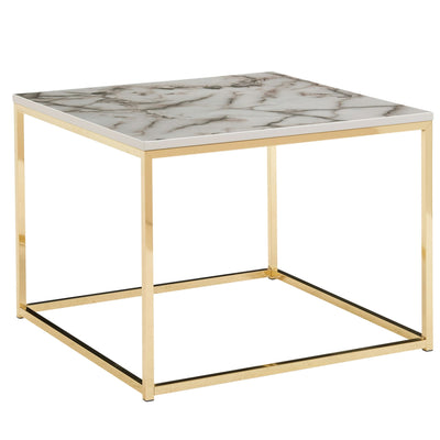 Sofabord i marmor-look, 60x60x45 cm, hvid med guldfarvet stel