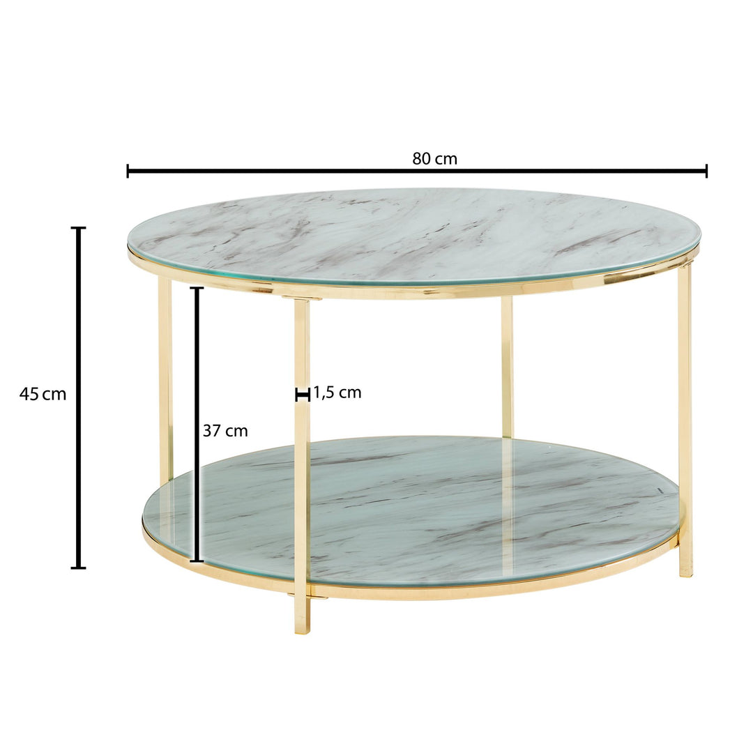 Sofabord i glas medmarmor-look, 80x80x45 cm, hvid/guldfarvet