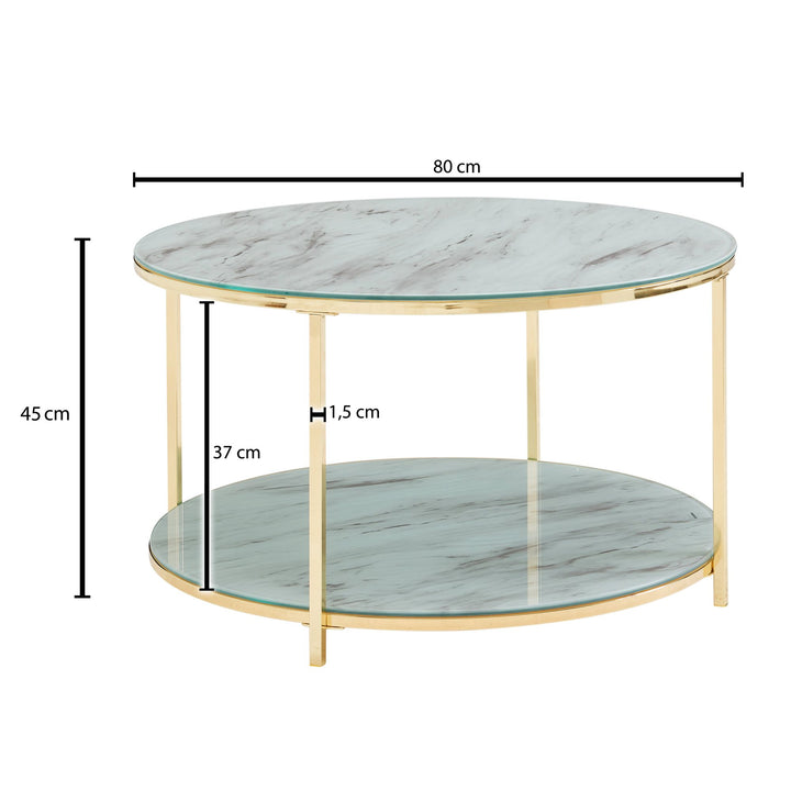 Sofabord i glas medmarmor-look, 80x80x45 cm, hvid/guldfarvet