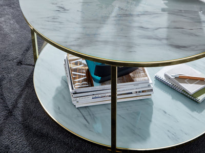 Sofabord i glas medmarmor-look, 80x80x45 cm, hvid/guldfarvet