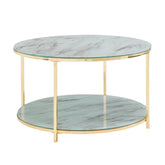 Sofabord i glas medmarmor-look, 80x80x45 cm, hvid/guldfarvet