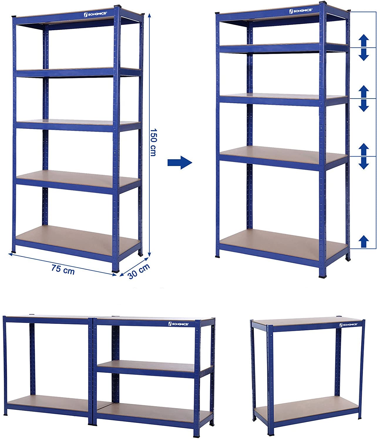 Robust reol med 5 hylder i industrielt look, 150 x 75 x 30 cm, blå