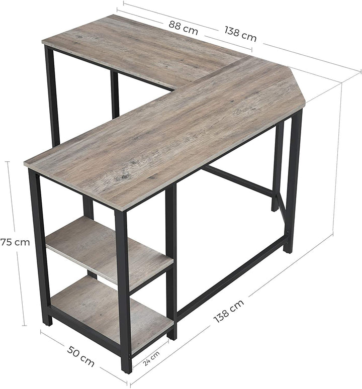 Skrivebord / computerbord, L-formet, grå og sort