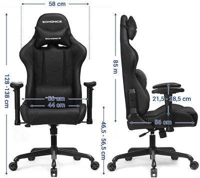 Gamer-lænestol, Racing Office-sæde, ergonomisk, lændehynde, stålramme, høj ryg, stort sæde, justerbar højde, PU-belægning, belastning 150 - Lammeuld.dk