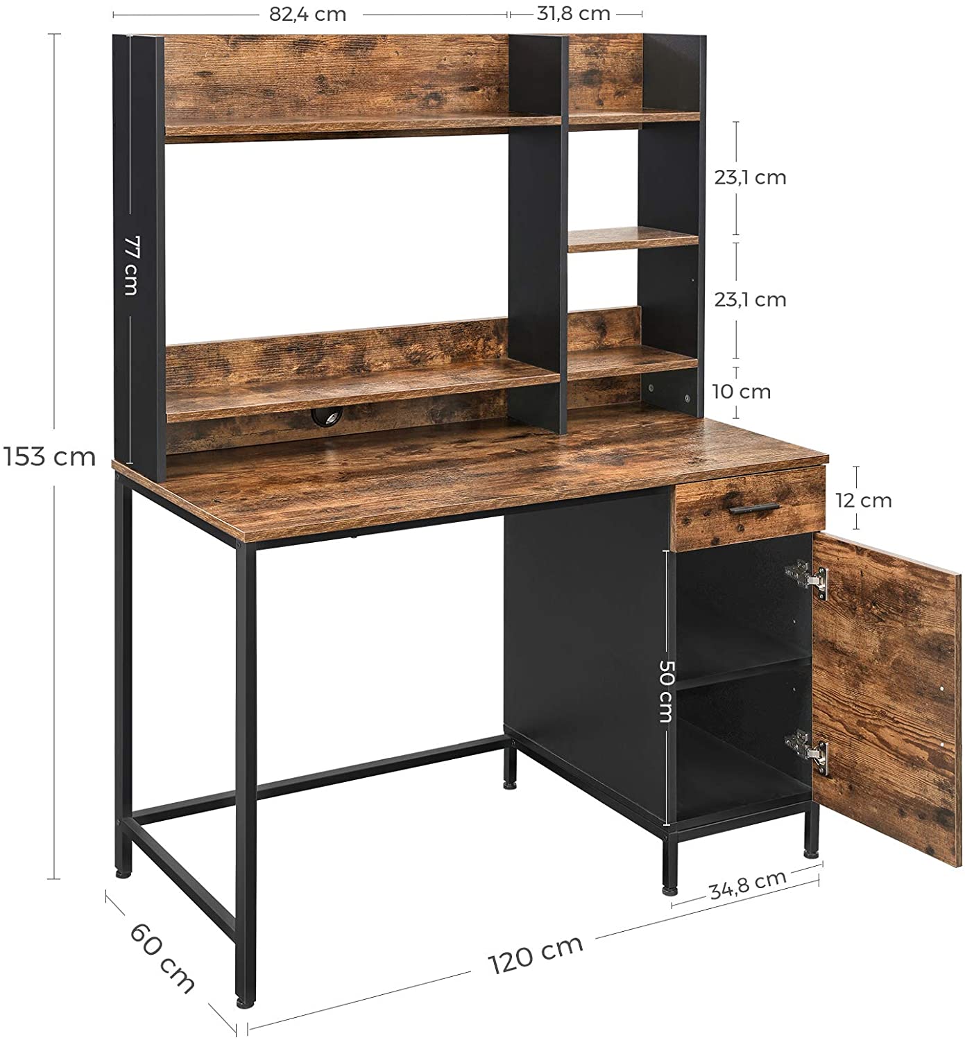 Skrivebord med reol i industrielt look, rustik brun og sort, 120 x 60 x 153 cm