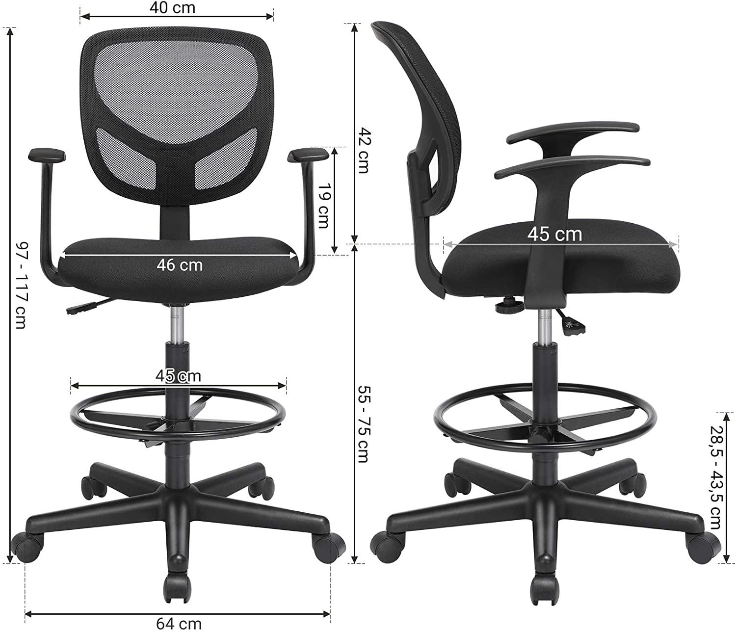 Ergonomisk kontorstol med armlæn, belastning 120 kg, sort