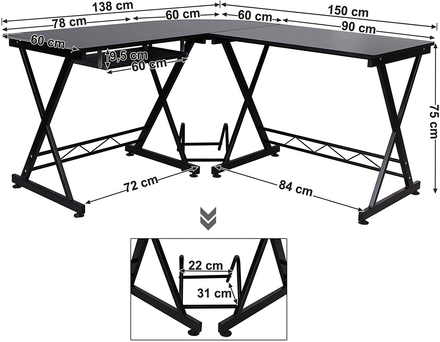 L-formet stort hjørne computerbord arbejdsstation med glidende tastatur monteret på venstre eller højre 150 x 138 x 75 cm sort - Lammeuld.dk