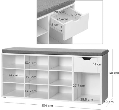 Skobænk, opbevaringsbænk med skuffe og åbne rum, 104 x 30 x 48 cm, hvid