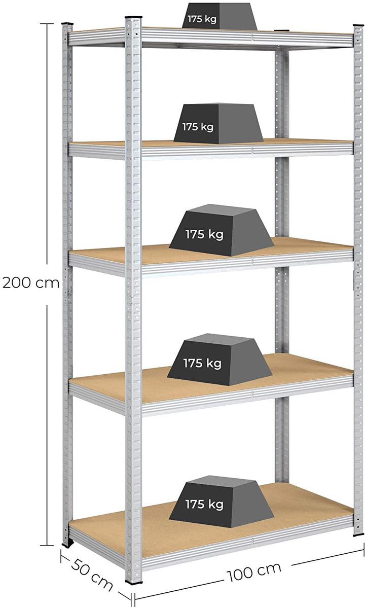 Robust reol, 200 x 100 x 50 cm, velegnet til garagen, justerbare hylder, forstærket stålramme, sølvfarvet