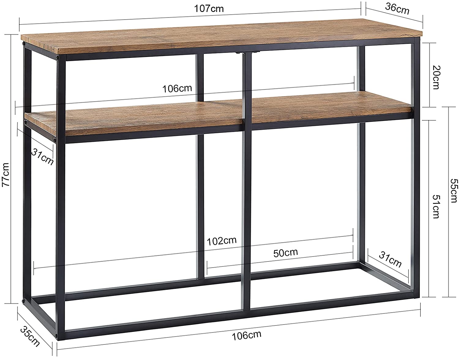 Konsolbord i retro-look med 2 hylder, brun, 107 x 77 x 36 cm