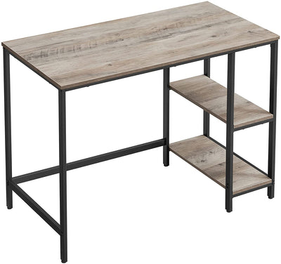 Skrivebord med 2 hylder til venstre eller højre, industrielt look, greige og sort