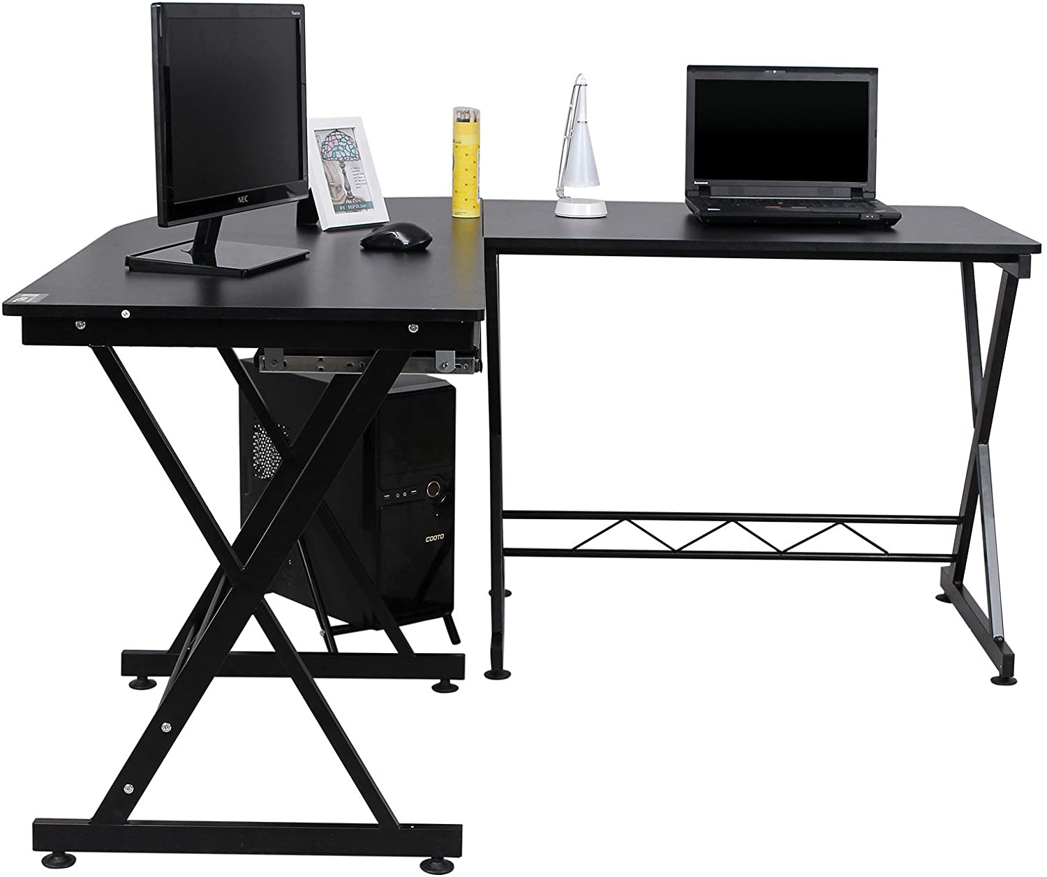 L-formet stort hjørne computerbord arbejdsstation med glidende tastatur monteret på venstre eller højre 150 x 138 x 75 cm sort - Lammeuld.dk