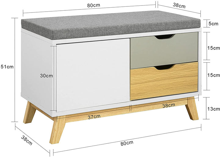 Tre-farvet skobænk / entrébænk med 2 skuffer og 1 skab, 80 x 38 x 51 cm