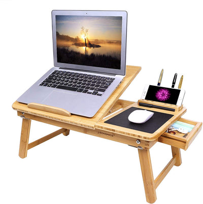 Justerbar bærbar tabel Sammenfoldelig Lapdesk Notebook-stativ Bambus sovesofa bakke med mobiltelefon iPad Pen Holder skuffe 55 x 35 x 23 cm - Lammeuld.dk