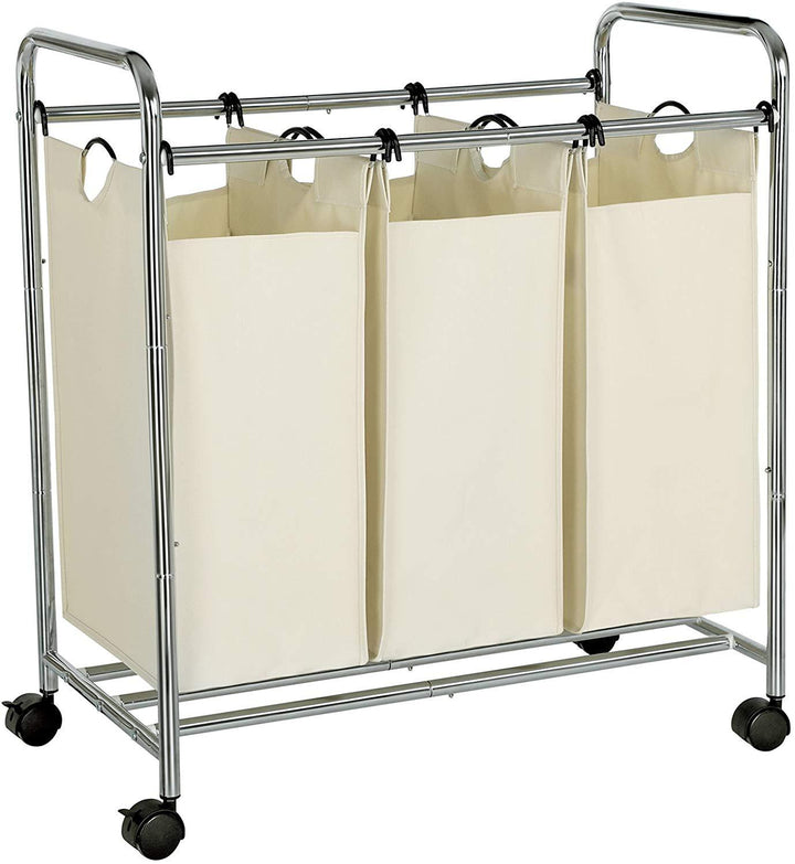 Vasketøjskurv med 3-rum til nem sortering - med aftagelige poser og hjul, i smuk nordisk beige - Lammeuld.dk