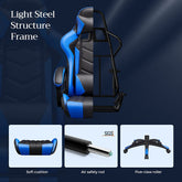 Ergonomisk gamingstol, udtrækkelig fodstøtte, 90°-135° vippevinkel, sort og blå