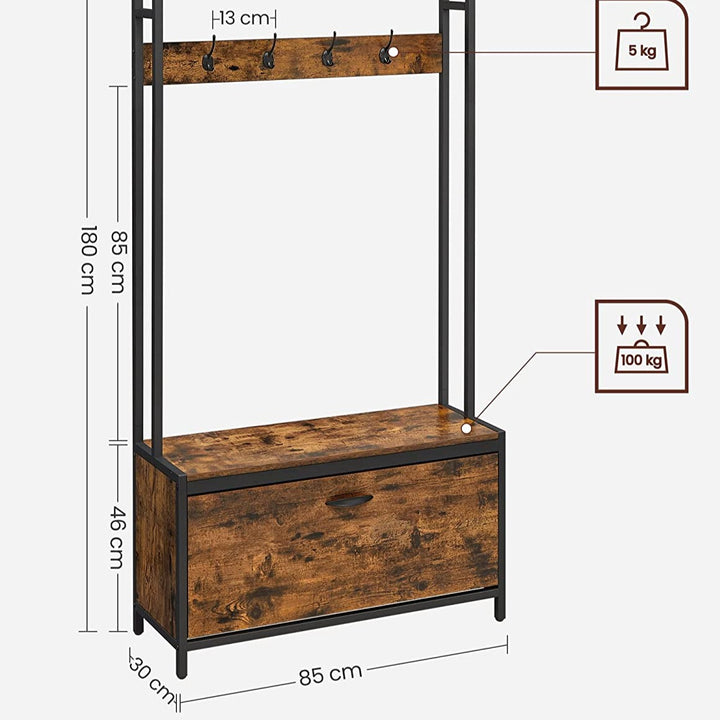 Garderobestativ med skoskab og -bænk, industrielt-look, brun
