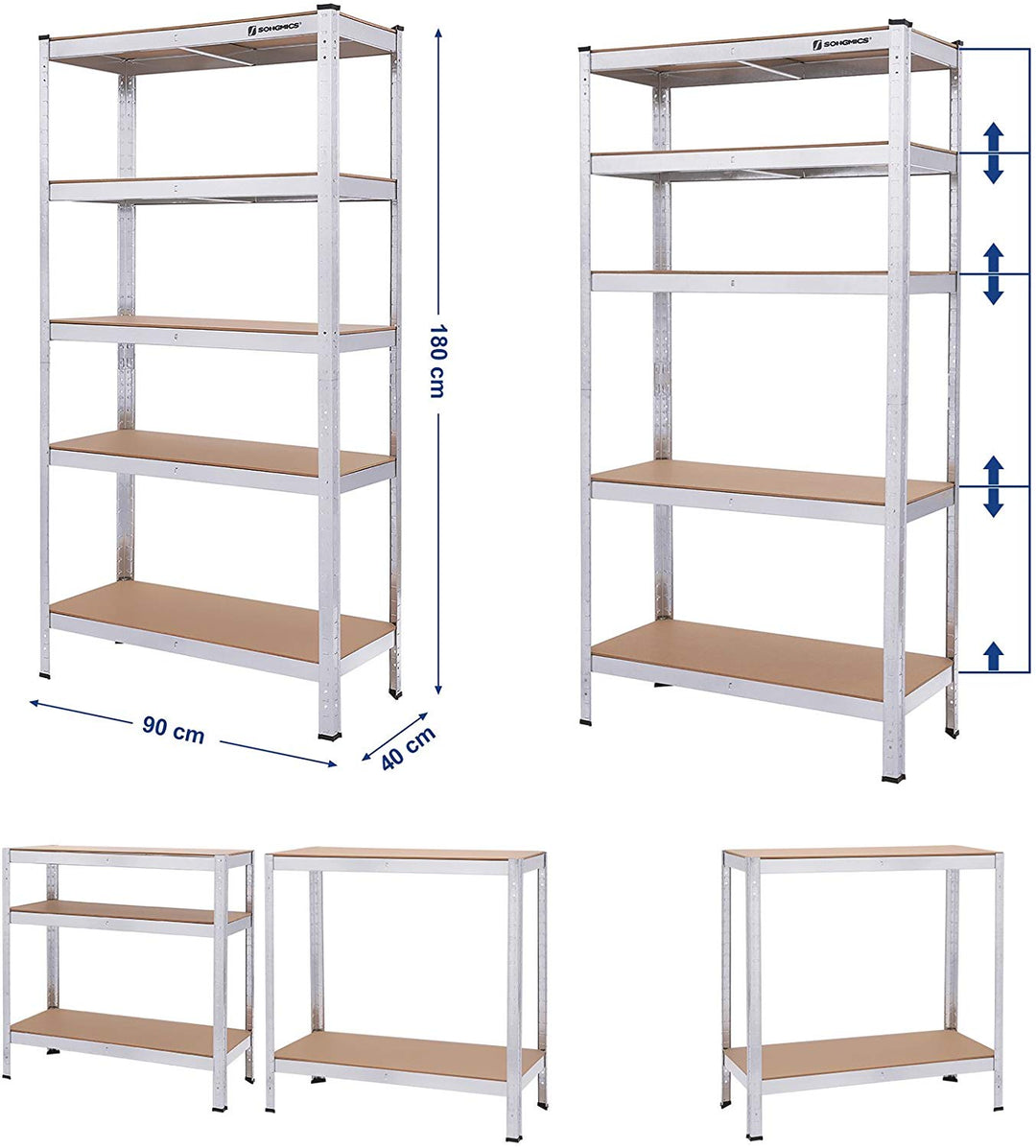 Lagerreol, galvaniseret metalstativ med 5 hylder - max 875 kg - 90 x 40 x 180 cm - Lammeuld.dk