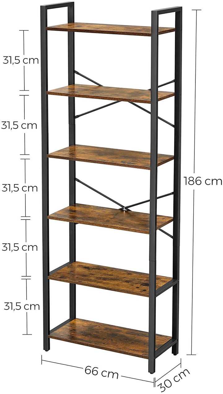 Reol med 6 hylder, 66x30x186 cm, Vintage Brun Sort