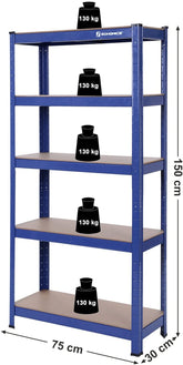 Robust reol med 5 hylder i industrielt look, 150 x 75 x 30 cm, blå
