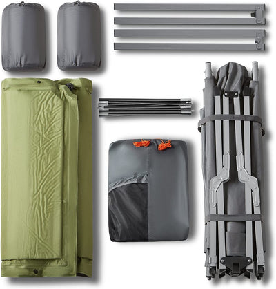 Inkluderer: campingseng, telttag, madras, sovepose og oppustelig pude (inklusive matchende betræk), bæretaske.
