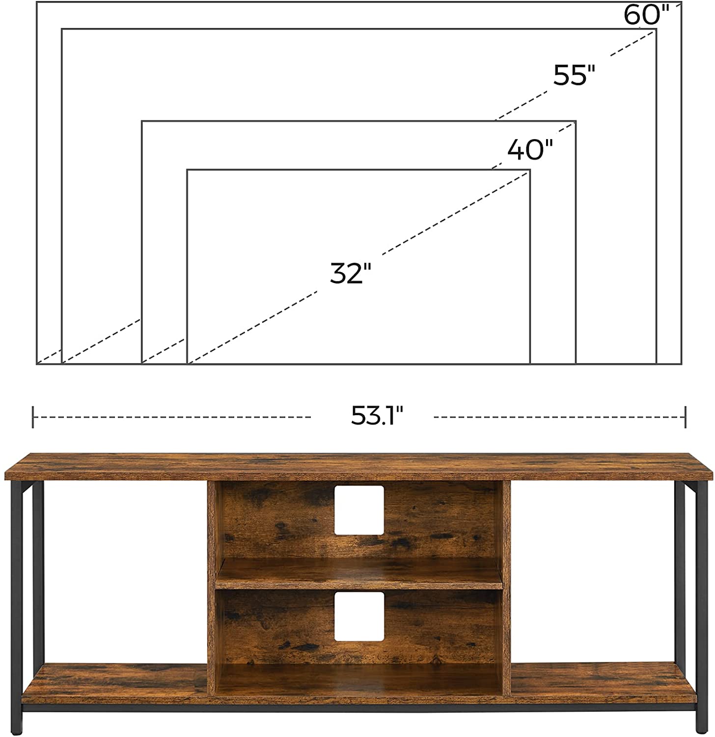 TV-bord med åbne rum, 135 x 40 x 50 cm, brun